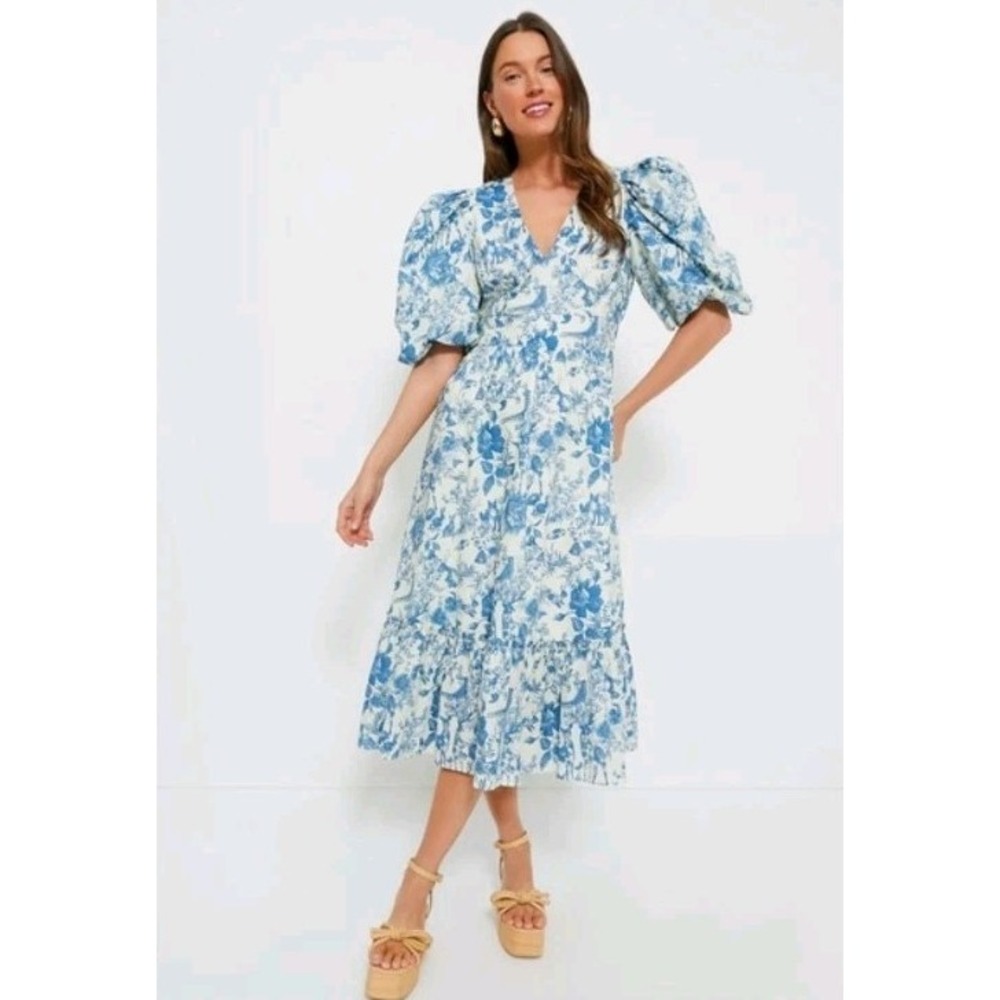 Hyacinth House Lindley Dress Women's Large Blue Toile Woodland Puff Sleeve